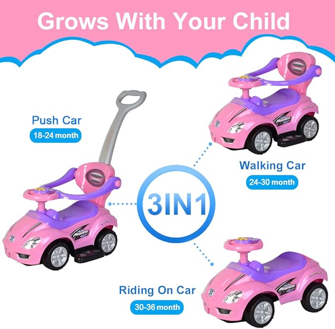 ChromeWheels Push Cars for Toddlers, 3 in 1 Ride on Push Car with Guardrail, Ride on Toys Mega Car w/Push Handle & Horn & Music & Under Seat Storage, Pink