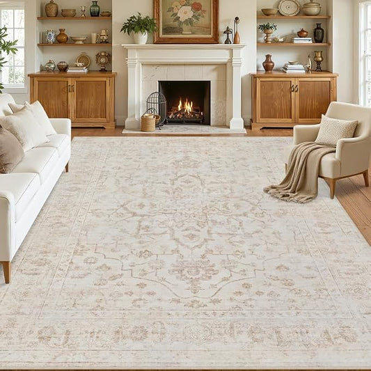 8x10 Area Rugs for Living Room: Vintage Boho Neutral Washable Rug Indoor Soft Large Area Rug Carpet for Bedroom Nursery Farmhouse Dining Room Office Floor Non-Slip Low Pile Under Table Rug Warm Beige