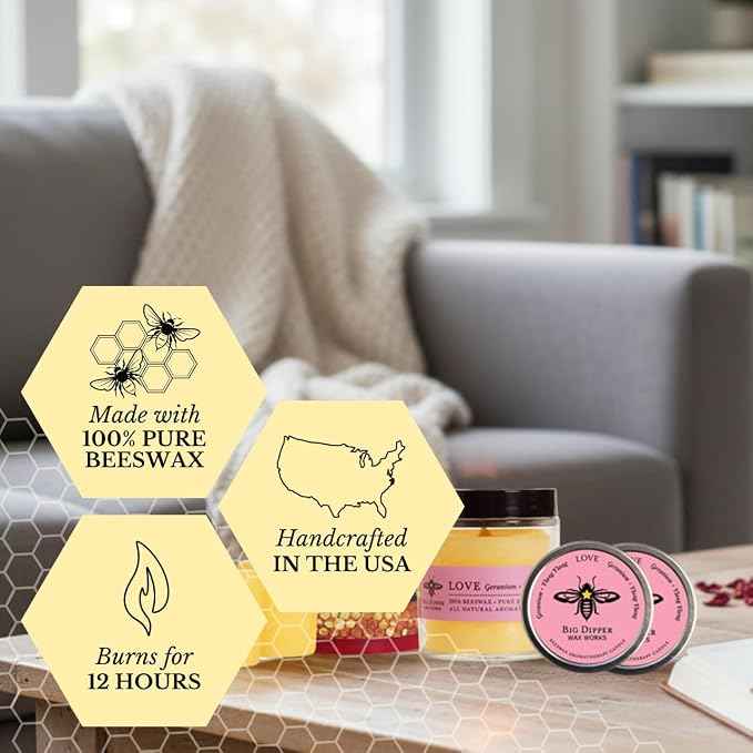Big Dipper Wax Works Beeswax Aromatherapy Candle, Love, Small Tin, Geranium & Ylang Ylang Scented, 12-Hour Burn, Pure Essentail Oils, 1.5" x 1", Travel Size