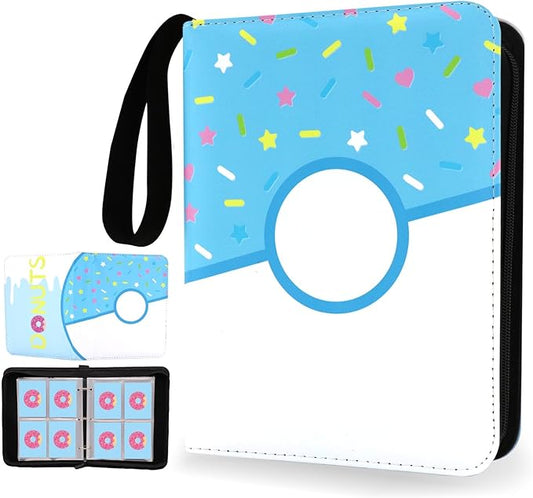 4 Pocket Card Binder 400 Card Holder Album, Pink Donut Trading Cards Holder Zipper Binder for Girl Teen Collection (Blue Donut, 400 Pocket)