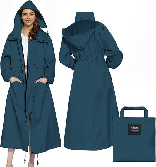 LAMA Womens Long Raincoats Rain Jacket Waterproof Packable Hooded Windbreaker Lightweight Adjustable Waist for Outdoor
