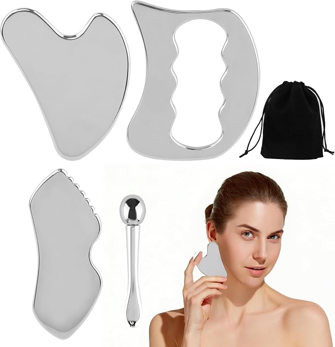 4-in-1 Stainless Steel Gua Sha Tool Set, Gua Sha Facial Tools, Fascial Massager for Deep Tissue Relief, Facial Contouring & Puffiness Reduction