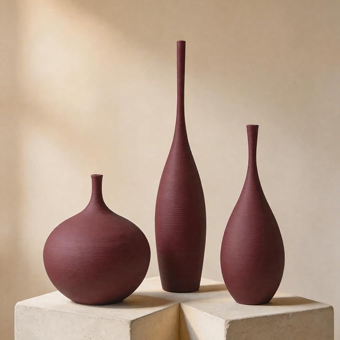 Ceramic Vases Set of 3, Modern Boho Vases for Centerpiece Decor, Matte Burgundy Minimalist Decorative Vases for Home Decor, Living Room, Bookshelf, and Entryway Table Decor