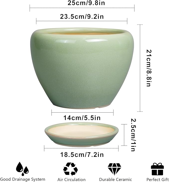 Ceramicfor Ceramic Planter Pot - 10 Inch Plant Pot for Indoor Plants Decorative Planter with Drainage Hole and Saucer Large Pot for Plants Outdoor Round Flower Pot for Garden Green