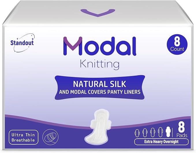 Modal Sanitary Pads for Women, Natural Silk and Modal Cover-Extra Heavy Absorbency, Ultra Thin Breathable Pads with Wings, Unscented Sanitary Napkins(Overnight,16.5 Inch, 8 Count, Packaging May Vary)