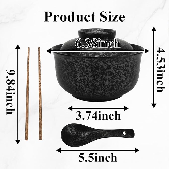 25 Oz Black Microwavable Ramen Bowl with Lid, Spoon & Chopsticks - Large Ceramic Japanese Soup Bowl, Korean Style Clay Pot for Noodles, Soup & Rice