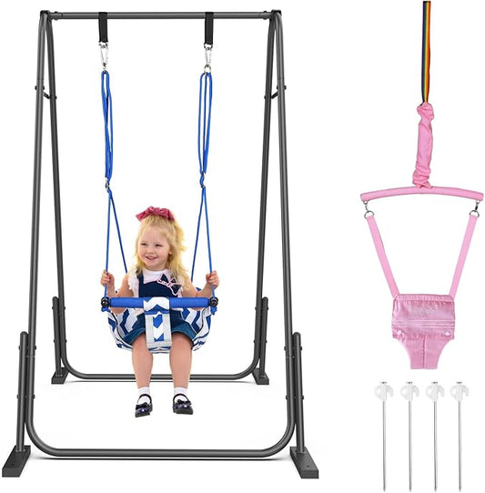 Slevoo 2 in 1 Baby Jumper Swing, Portable Toddler Swing with Foldable Stand, Indoor Outdoor Baby Jumpers and Bouncers, 6 Months to 6 Years, Pink