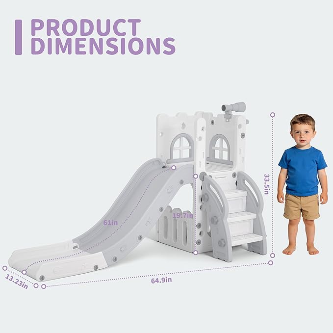 6 in 1 Toddler Slide Playset, Kids Indoor Outdoor Playground with Basketball Hoop,Storage and Telescope,Toddler Climber Slide Activity Center