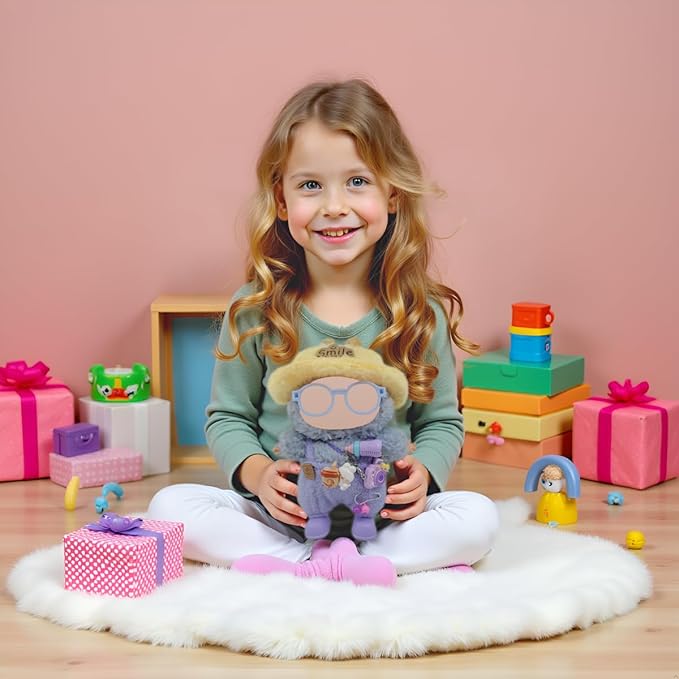Doll Clothes Outfit and Accessories Suitable for 17cm Dolls, 5 Piece Set Romper Hat Camera Backpack Glasses Shoes (No Doll) Purple