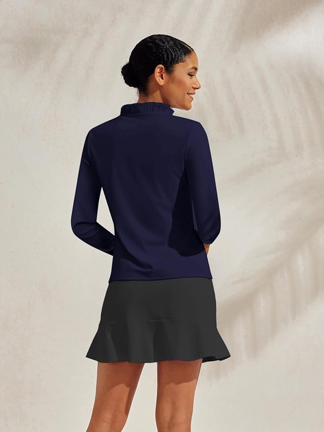 ACEGOLFS Womens Golf Polo Shirts Casual Ruffle V Neck Long Sleeve Tops for Women UPF 50+ Rash Guard Ladies Pullover Shirt