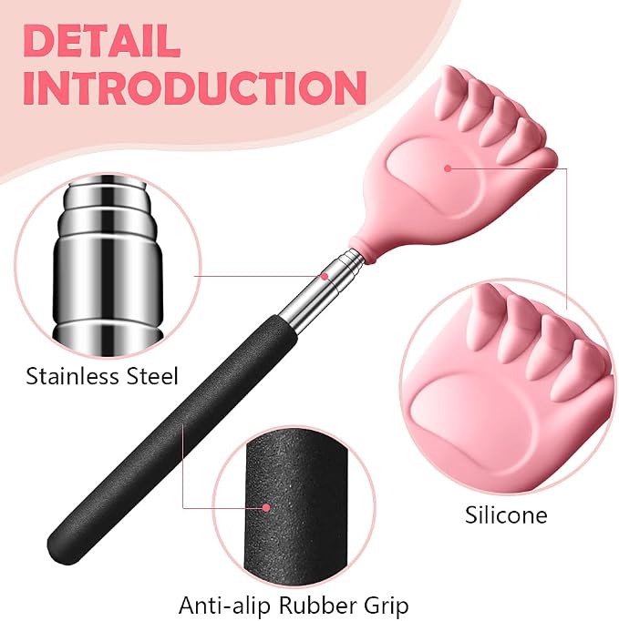 Back Scratcher Extendable Silicone Massager Tool Telescoping Stocking Stuffers Bear Claw Soft for Itches Lotion Application Spa Men Women Kids Adults the Disabled Baby-Pink