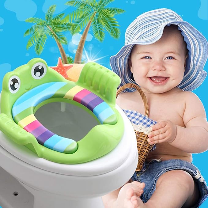 Baby Potty Trainer Non Slip Toilet Training Seat with Handles, Cartoon Shape for Independent Urination (green)