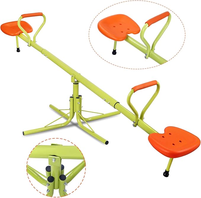 SUPER DEAL Teeter Totter Kids Seesaw, Outdoor Playground Equipment 360 Degrees Rotate All Steel Extendable Tubes for Toddlers Children Backyard, Green and Orange, 2 Seat