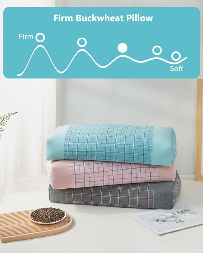 Buckwheat Cube Pillows for Side Sleepers,19.6"x9.8" Buckwheat Hulls Filling Cervical Neck Support Pillows for Sleeping, Customizable Height, Plaid Pillow Covers,Blue