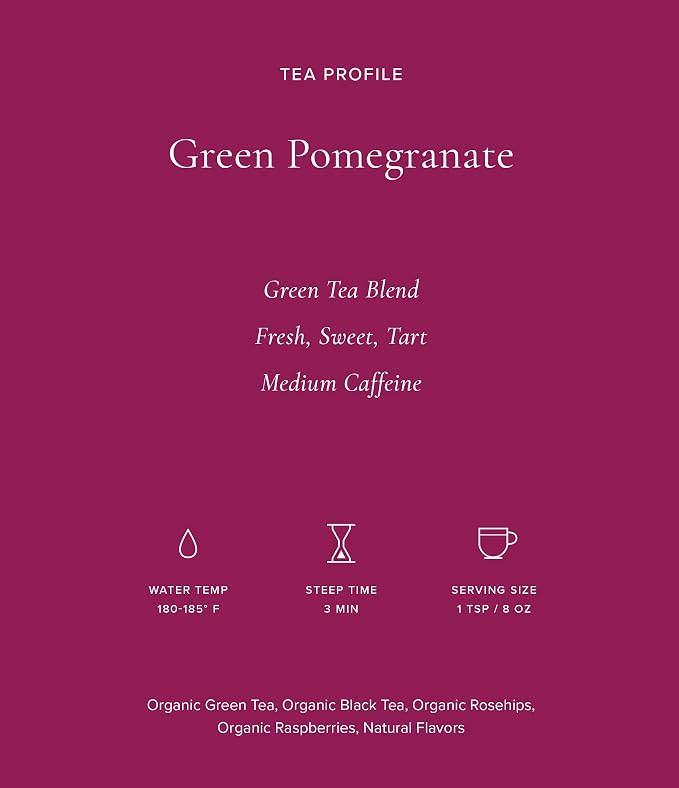 Art of Tea Organic Green Pomegranate 2.5oz Loose Leaf Tea Tin, Premium Fruity Green Tea Blend with Raspberry & Rosehips, Artisan Green Tea Loose Leaf for Hot or Iced Tea