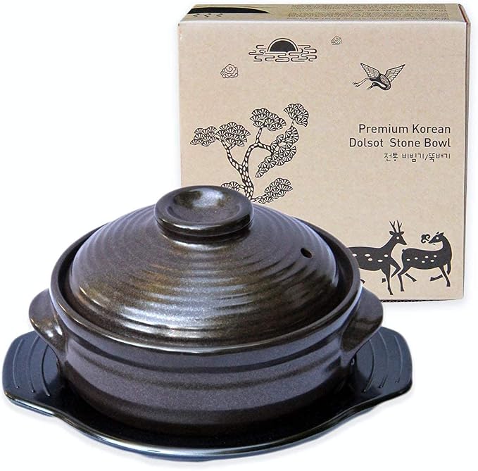 Crazy Korean Cooking Korean Stone Bowl (Dolsot), Sizzling Hot Pot for Bibimbap and Soup - Premium Ceramic (Large with Lid | 44 Fl oz)