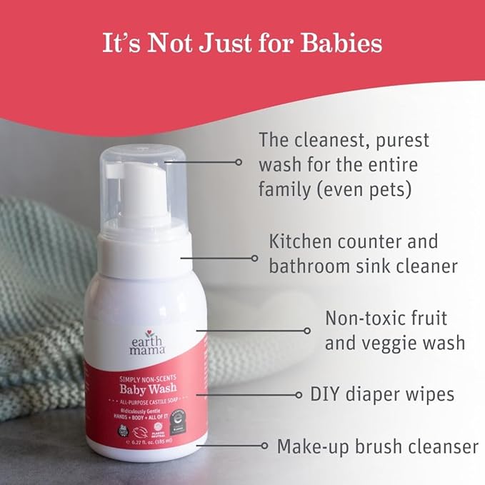 Earth Mama Simply Non-Scents Baby Wash Foaming Hand Soap, Organic All--Purpose Fragrance Free Body Wash for Sensitive Skin, Castile Soap with Coconut Oil, Shea Butter, Calendula, & Aloe, 5.3 fl oz