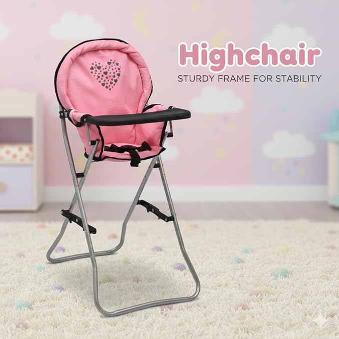 Dolls To Play Baby Doll Stroller Bed and Seat Nursery Playset, Accessories Furniture Set High Chair Diaper Bag Role Play Deluxe Set Heart Design