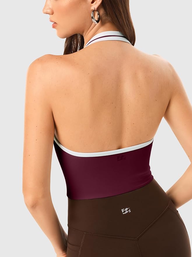 Halter Workout Top for Women: Open Back Sports Bra Color Block Tops with Built in Bra Yoga Gym Crop