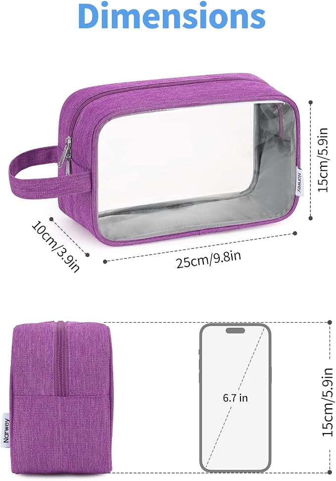 Narwey Clear Travel Toiletry Bags for Traveling Toiletries Men Women, Clear Makeup Bag Cosmetic Bag with Zipper, Make Up Pouch Organizer Bag with Handle, Skincare Beach Snack Medicine Bag, Purple