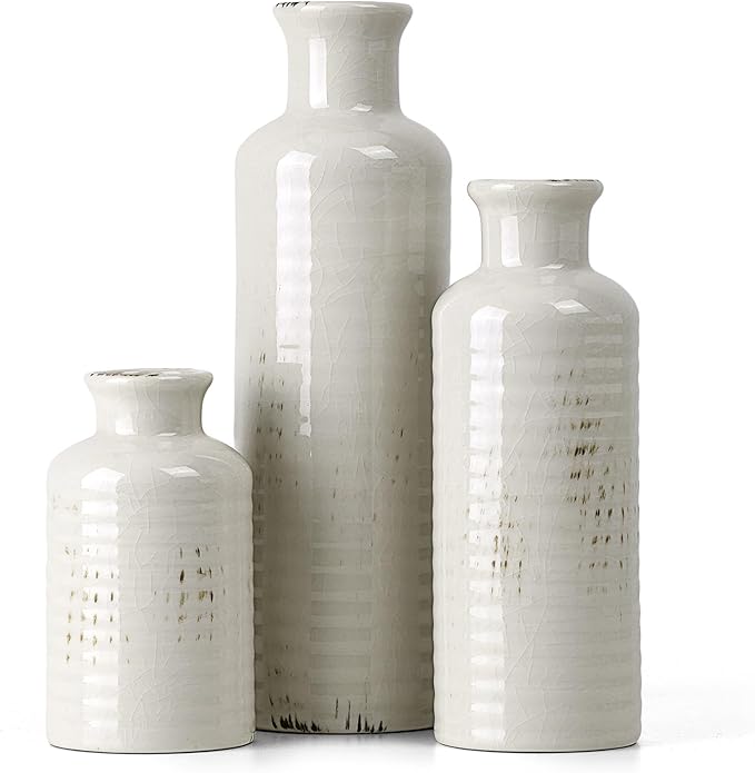White Ceramic Vase Set of 3, Rustic Vase for Farmhouse Shelves Waterproof | Farmhouse Vases for Pampas Grass & Dried Flowers, Rustic Vase for Table Bookshelf, Living Room