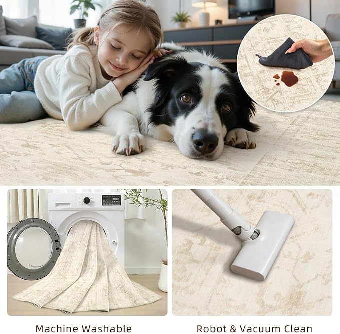 Round Area Rug for Living Room: 6ft Vintage Boho Neutral Washable Circle Rug Soft Large Circular Carpet for Bedroom Nursery Farmhouse Dining Room Office Floor Non-Slip Low Pile Under Table Beige/Brown