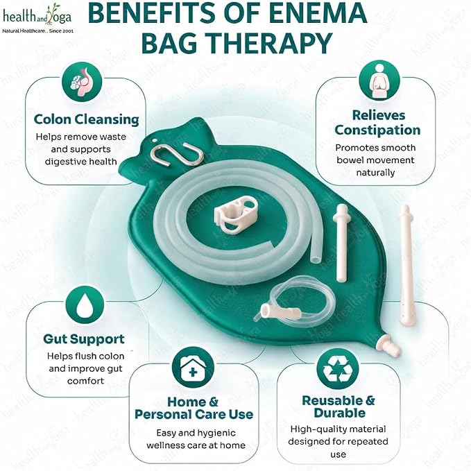 HealthAndYoga™ NaturoFlo Superior Enema Bag Kit with Silicone Tubing Hose and Fittings - 2 Quart Fountain Open top Kit for Fleet Enema and Anal Douche - Green