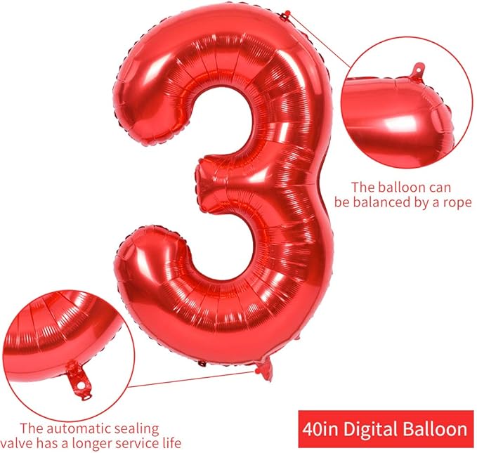 TONIFUL 40 Inch Red Large Numbers Balloons 0-9, Number 3 Digital 3 Helium Balloons, Foil Mylar Big Number Balloons for Birthday Party Anniversary Supplies Decorations