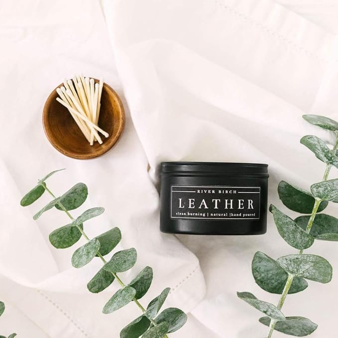 River Birch Leather Scented Candle 2-Pack | Premium, All-Natural, Non-Toxic Soy | Two 8 oz. Black Matte Tin Travel Candles | Cozy Relaxing Gifts for Home