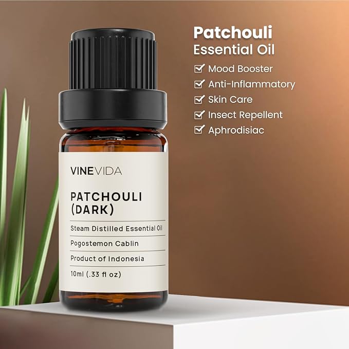 VINEVIDA Patchouli Essential Oil 10 mL - Undiluted Patchouli Oil - DIY Candle Scents for Candlemaking - 10 mL Essential Oil for Soap Making