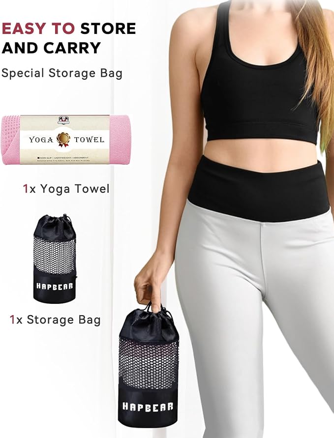 HAPBEAR Hot Yoga Towel with Non-Slip Grip Dots, 72" x 24" - Super Absorbent, Soft Microfiber Yoga Mat Towel for Bikram, Gym, Pilates - Pink
