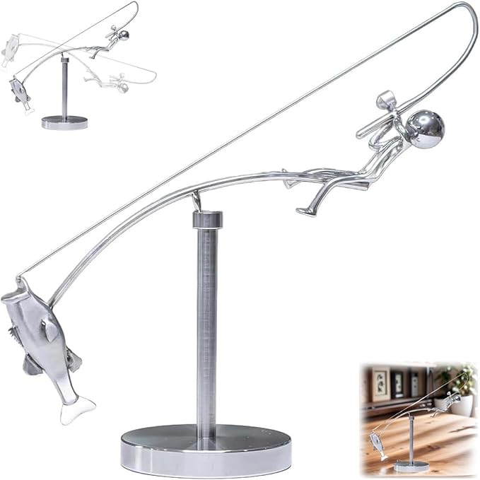 Kinetic Fishing Balance Art Sculpture, Stainless Steel Fisherman Desk Toy, Stainless Physics Balancing Fishing Physics Sculpture for Home Office Art Deco Festival Gift (1 PCS)