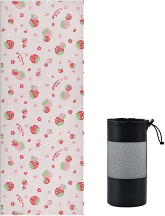 Non Slip Yoga Towel 73 x 27 in Strawberry Sweat Absorbent Yoga Mat Towel for Hot Yoga, Pilates and Workout