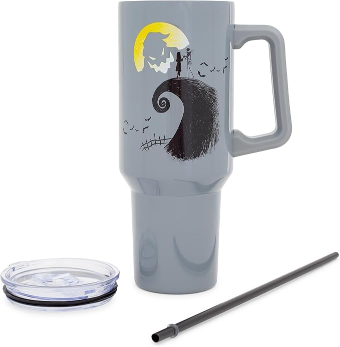 Silver Buffalo Disney Nightmare Before Christmas Featuring Oogie Boogie, Jack Skellington, and Sally Double Walled Stainless Steel Tumbler with Handle and Straw, Fits in Standard Cup Holder, 40 Ounces