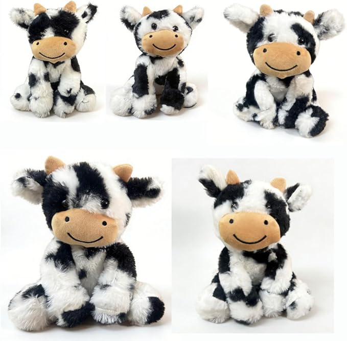 Cute Cow Plush Stuffed Animal Doll Toy 8 inch for Girls Boys One Peices （Each one has a Different Pattern） (sit Cow bd Black)