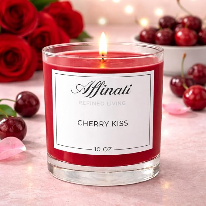 Cherry Kiss Affinati 10 oz Scented Candle for Home – Long Lasting Fruity Soy Blend Candle with Wooden Wick, Strong Scent Throw Glass Jar Candles, Premium Clean Burning Aromatherapy Gifts