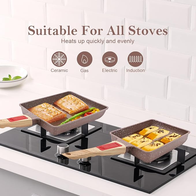 AIKENBBKK Tamagoyaki Pan Ceramic, Japanese Omelette Pan Nonstick, Japanese Egg Pan, Square Egg Pan, Induction-Ready, Detachable Handle, with Silicone Spatula, PFAS & PFOA-Free, Oven Safe,Brown,9"x8.2"