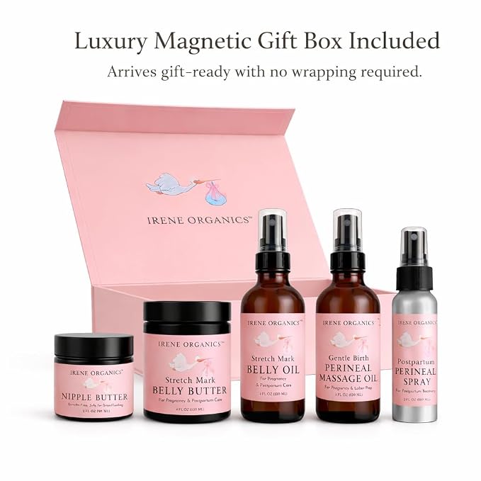 Irene Organics Belly Bundle – 5 Piece Pregnancy Skincare Gift Set with Organic Belly Butter & Natural Body Oil for Stretch Marks (5 piece set)