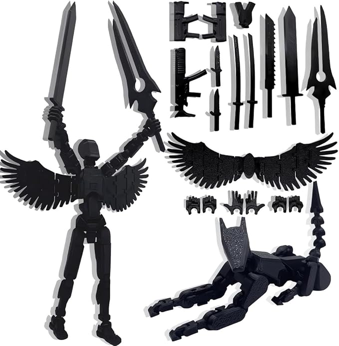 T13 Action Figures Set (Assembly Completed) Dummy 13 Titan 13 Robot Action Figure 3D Printed Robo Multi-Jointed Movable Action Figure Toy with Full Articulation (Pure Black Figure + Dog)