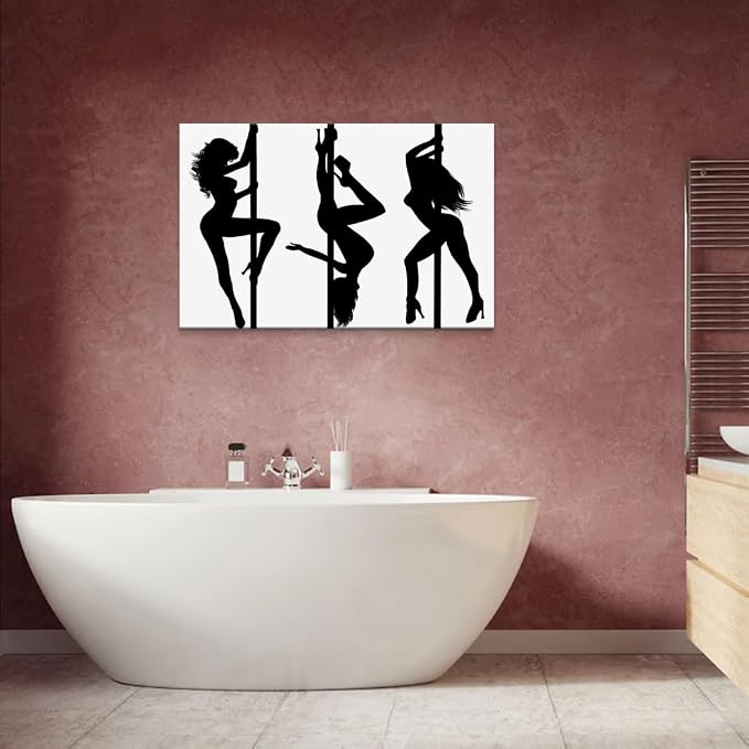 Yeesjoee Sexy Women Pole Dance Wall Art, Elegance Abstract Dancers Silhouette Black White Print, Modern Strength Picture Canvas Painting Living Room Bedroom Bathroom Office Home Decor, 24x36 in Framed