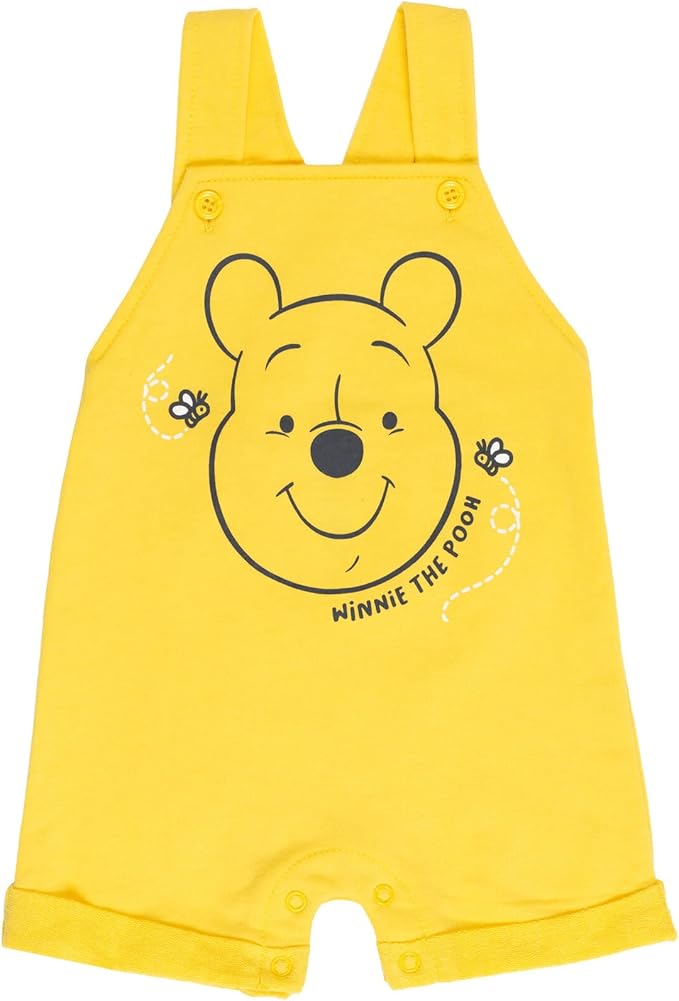 Disney Winnie the Pooh Baby Short Overalls, T-Shirt & Hat 3 Piece Outfit Set Newborn to Infant Sizes (0-24 Months)