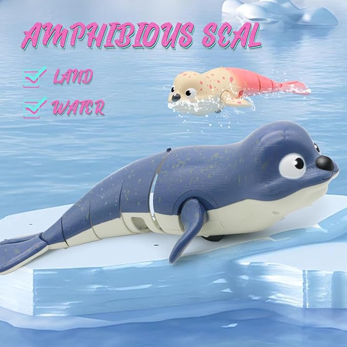Pool Toys Amphibious Remote Control Lazy Seal 2.4Ghz Rechargeable Battery Cute Toys Robot Fish Remote Control Shark Car Bath Toys Interactive Crawling Toys for Toddler Kids 3,4,5 Years Old Boys Girls
