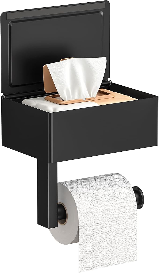 FORIOUS Toilet Paper Holder with Shelf, Sanitary Napkin Receptacle Tampon Holder, Wall Mount Toilet Paper Holder with Storage, Flushable Wipes Dispenser Fits for Bathroom Commercial(Black, 6.5 L) | The smaller, lighter box is not suitable for large wip...