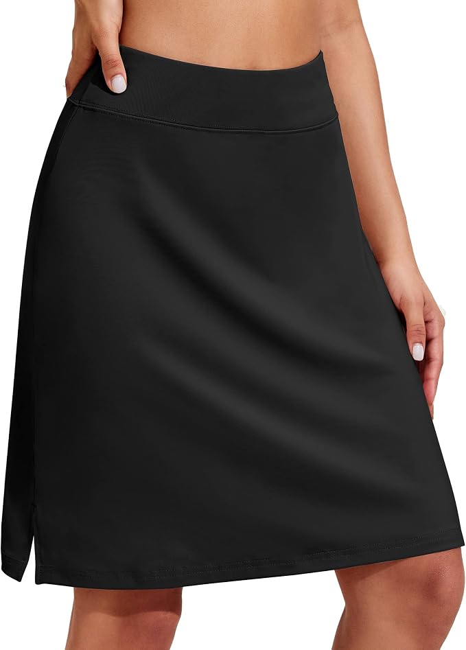 COOrun Women's 20" Knee Length Skirts High Waisted Golf Skorts with Pockets | Soft, Quick Dry, Split Hem, Built-in Shorts, A-line, Modest Skirts, for Golf Athletic Tennis Work Casual