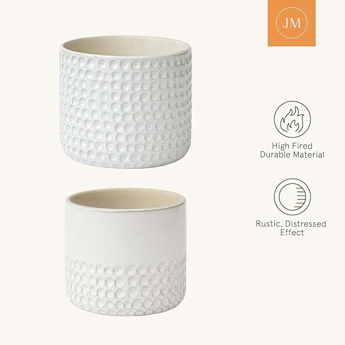La Jolie Muse Ceramic Planter Flower Plant Pots- 6.7+5.5 Inch Concave Dot Patterned Cylinder Flower Pot W/ Drain Hole for Indoor, Set of 2, Ivory | 6.7+5.5 Inch, Ivory Dot Pattern Ceramic Planter with Drainage Hole, Decorative Planter Pots for Indoor P...