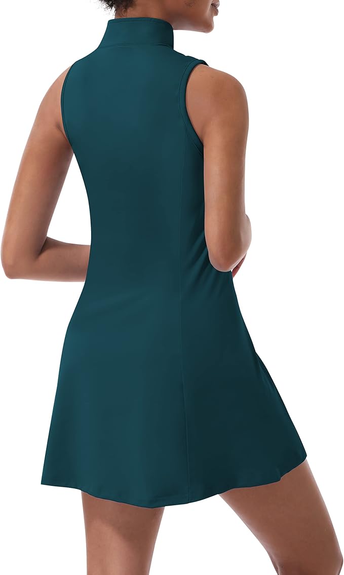 Tennis Dress for Women, Golf Dress with Shorts and Pockets Athletic Dress | Sleeveless Collared Half-Zipper Workout Sport Dress, Stretch Moisture Wicking Fabric, Tennis Golf Outfits