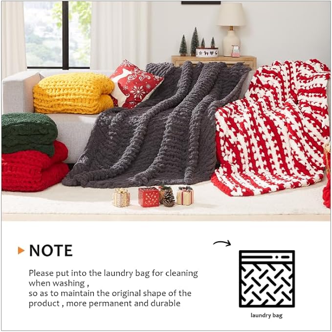 L'AGRATY Chunky Knit Throw Blanket for Couch 80'' x 90'' Knit Throw, Orange | Handmade Chenille Crochet Blanket for Sofa Bed, Thick Cable Knitted Blankets for Room Home Decor, Birthday Gift for Women Mom
