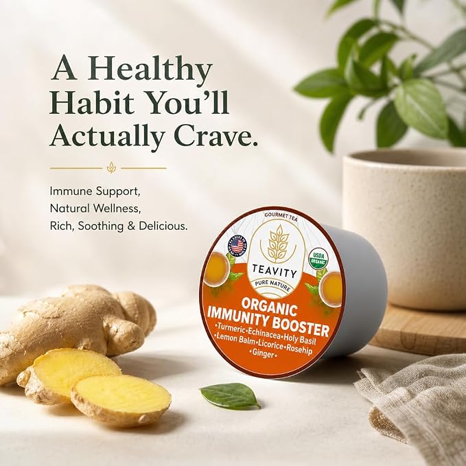 Organic Ginger Tea Pod with Echinacea, Turmeric, and Licorice for Keurig, Decaf by Teavity (24 Tea Pods)