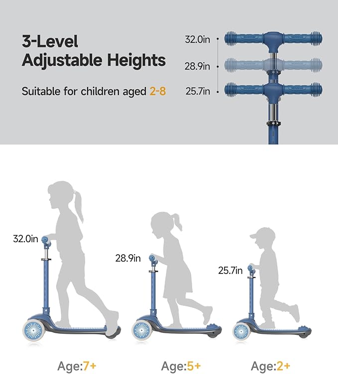 Kids Scooter, 3 Wheel Kick Scooter for Toddlers with Light Up Wheels, Lean-to-Steer Design, Adjustable Height Handlebar, Anti-Slip Deck, Ages 2–8