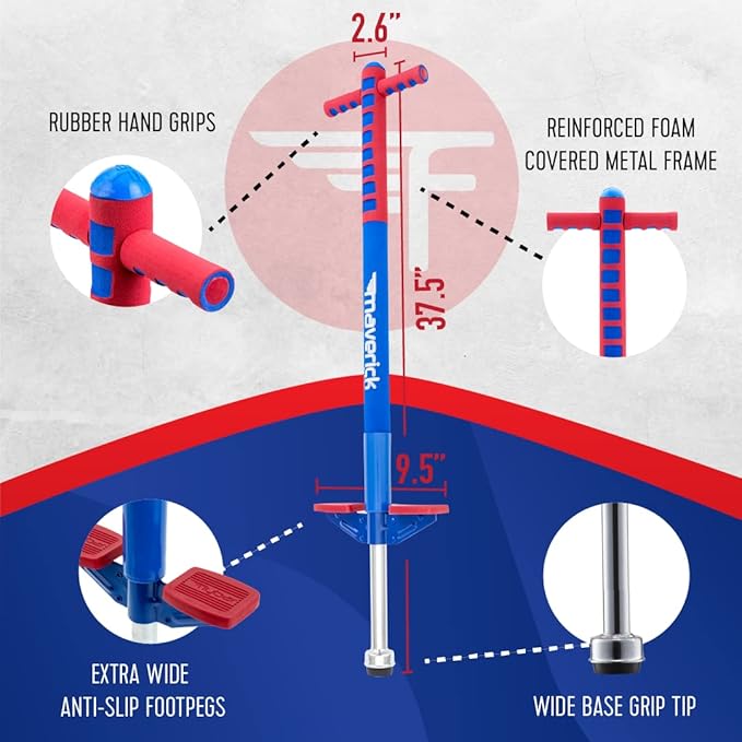 Flybar Maverick Foam Pogo Stick for Kids Age 5 and Up, 40 to 80 Pounds, Pogo Stick for Boys and Girls (Red/Blue)